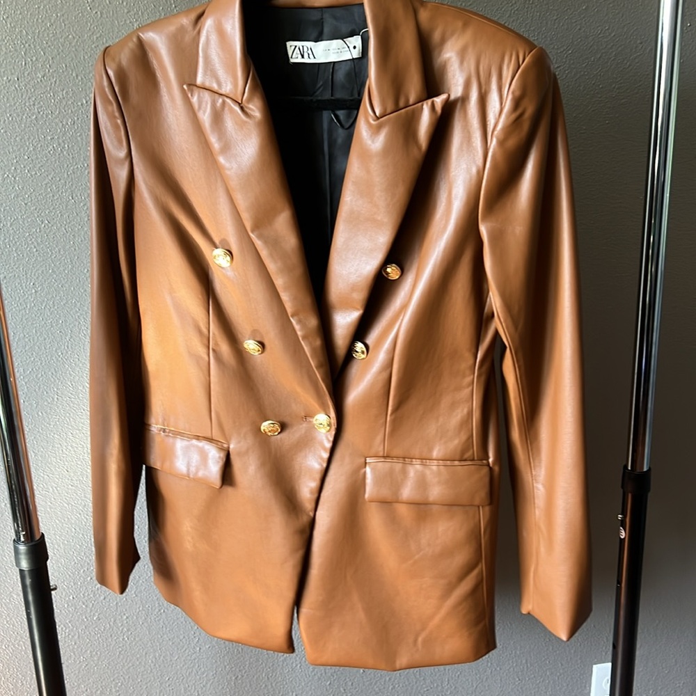 Zara TAN LEATHER Blazer - Picture 12 of 12